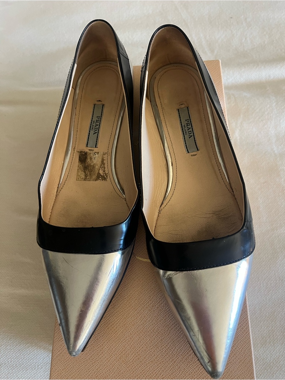 Prada Black and Silver Pointed Toe Flats